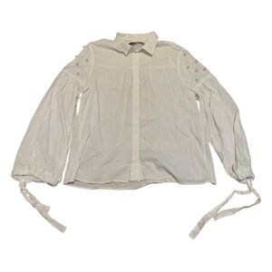 Zara Basic White Blouse with Pearl Embellishments & Tie Cuffs - Size M